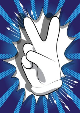 V işaretini gösteren vektör çizgi eli. Çizgi roman arka planında resimli el işareti.