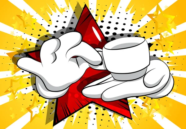 Vektor Cartoon Hände Halten Eine Tasse Kaffee Illustriertes Schild Auf — Stockvektor