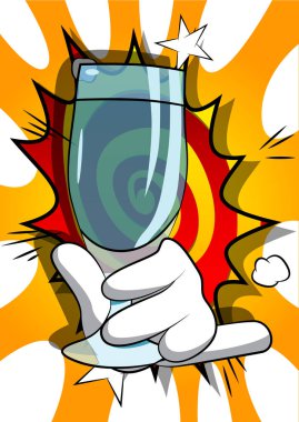 Bardağı tutan vektör karikatür el. Çizgi roman arka plan üzerinde Resimli el.