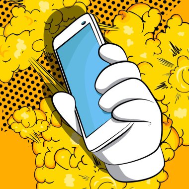 Vektör karikatür el bir cep telefonu tutarak. El ile çizgi roman arka plan Akıllı telefon resimli.