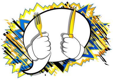 Bir bıçak ve çatal tutan vektör karikatür el. El hareketi çizgi roman arka plan üzerinde resimli.