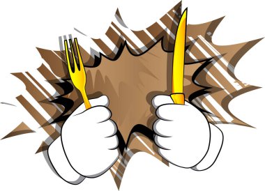 Bir bıçak ve çatal tutan vektör karikatür el. El hareketi çizgi roman arka plan üzerinde resimli.