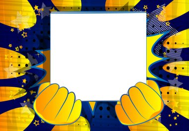 Büyük bir beyaz kutu tutan vektör karikatür el. Çizgi roman arka plan üzerinde resimli el.