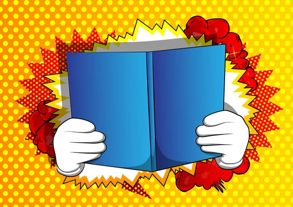 Vector cartoon hand holding a book. Illustrated hand with opened book on comic book background.