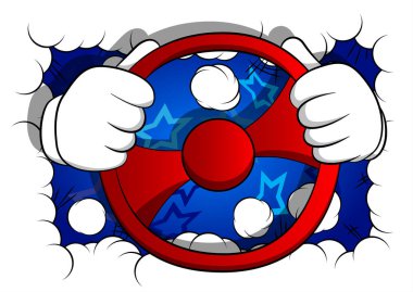 Direksiyon başında direksiyon sallayan vektör karikatür elleri. Çizgi roman arka planında resimli el hareketi.