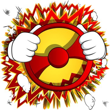 Direksiyon başında direksiyon sallayan vektör karikatür elleri. Çizgi roman arka planında resimli el hareketi.