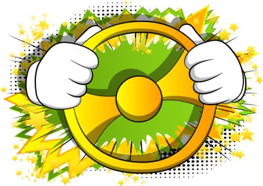 Direksiyon başında direksiyon sallayan vektör karikatür elleri. Çizgi roman arka planında resimli el hareketi.