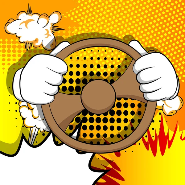 Direksiyon başında direksiyon sallayan vektör karikatür elleri. Çizgi roman arka planında resimli el hareketi.