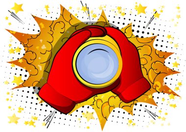 Bir dürbün bakmak-den geçerek tutan vektör karikatür el. Çizgi roman arka plan üzerinde resimli işareti.