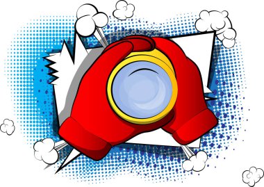 Bir dürbün bakmak-den geçerek tutan vektör karikatür el. Çizgi roman arka plan üzerinde resimli işareti.