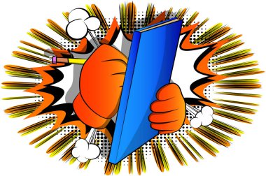 Kitap kapağında kalem olan vektör karikatür el yazısı. Çizgi roman arka planında resimli işaret.