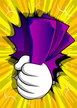 Vektör karikatür el ele tutuşması ya da para gösterimi. Çizgi roman arka planında resimli el.