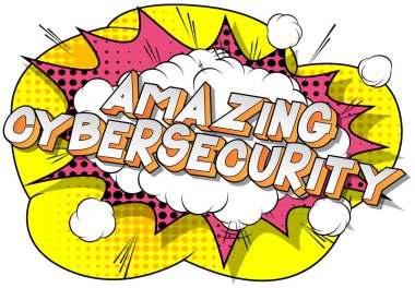 Şaşırtıcı Cybersecurity - vektör resimli çizgi roman tarzı ifade arka plan üzerinde.