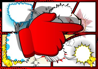 Vektör çizgi filmi işaret eden el. Resmedilmiş el ifadesi, çizgi roman arkaplanı jesti.