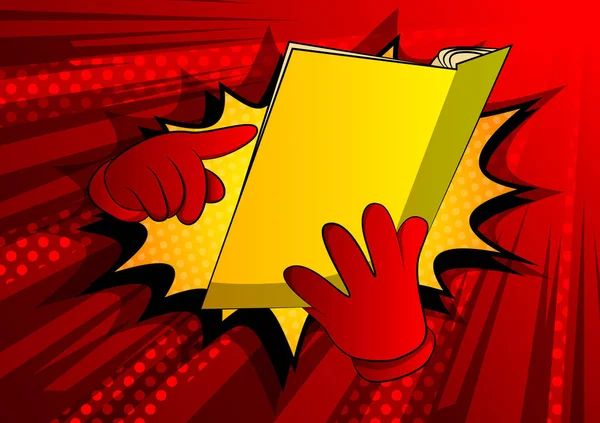 Vector cartoon hand holding and pointing at an opened book. Illustrated hand on comic book background.