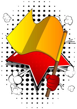 Bayrak tutan vektör karikatür el. Çizgi roman arka planında resimli el.