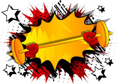 Vektör karikatür el halteri kaldırıyor. Çizgi roman arka planında resimli işaret.