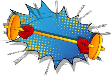 Vektör karikatür el halteri kaldırıyor. Çizgi roman arka planında resimli işaret.