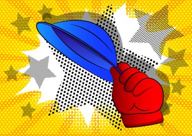 Vektör karikatür el şapkayı indiriyor. Çizgi roman arka planında resimli el.