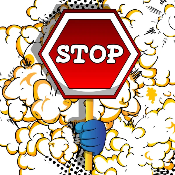 Vektor Rajzfilm Kéz Kezében Egy Stop Tábla Illusztrált Kéz Képregény — Stock Vector