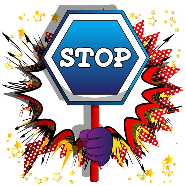 Vector Cartoon Hand Holding Stop Sign Illustrated Hand Comic Book — Stock Vector