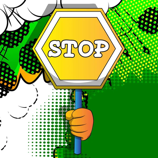 ベクトル漫画の手を停止記号を保持 漫画の背景に描かれた手 — ストックベクタ