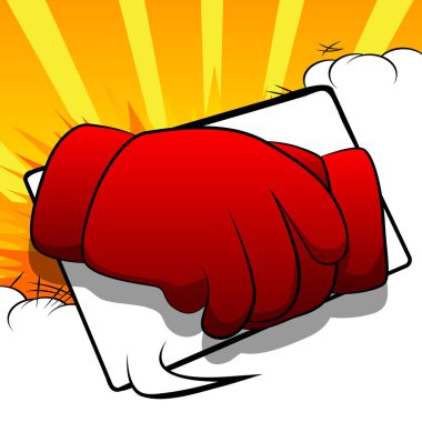 Vektör karikatür elleri tokalaşıyor. Çizgi roman arka planında resimli el işareti.