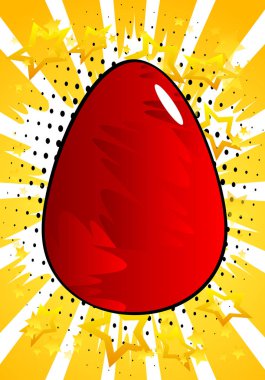 Kırmızı Paskalya yumurtası. Çizgi roman arka planında resimli tatil tabelası.