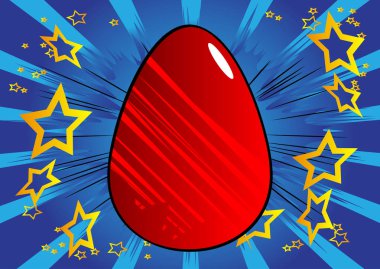 Kırmızı Paskalya yumurtası. Çizgi roman arka planında resimli tatil tabelası.