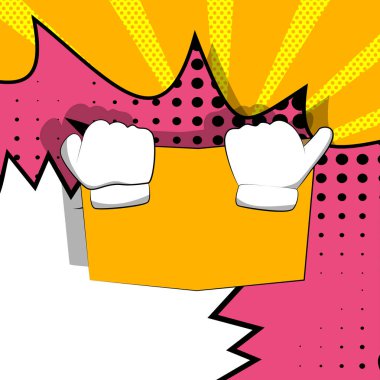 Vektör karikatür el bir kitap tutan, arkasında gizleme. Çizgi roman arka planda resimli el.