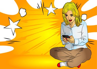 Bacak bacak üstüne atmış ve cep telefonu kullanan mutlu, beyaz, pozitif, heyecanlı bir kadının portresi. Çizgi roman tarzı,