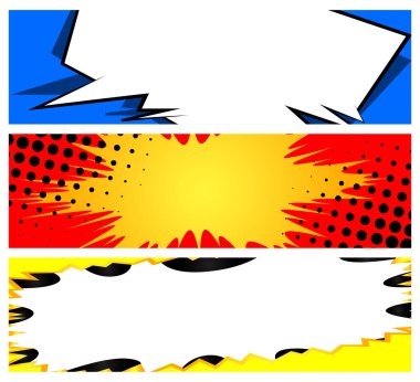 Çizgi roman tarzında vektör arkaplanı ayarlandı. Retro pop sanat tasarımı. Uzun yatay pankart koleksiyonu.