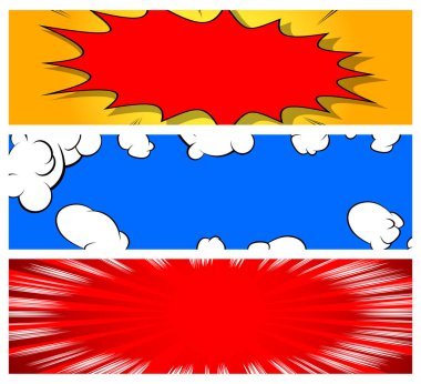 Çizgi roman tarzında vektör arkaplanı ayarlandı. Retro pop sanat tasarımı. Uzun yatay pankart koleksiyonu.