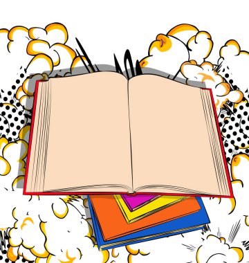 Çizgi roman stili, çizgi film vektörü resimli diğer kapalı kitaplara yerleştirilmiş, boş sayfalar ile açılan ders kitabının resimlerini kapat.