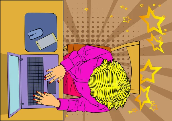 Mulher Trabalhando Computador Portátil Vista Superior Estilo Quadrinhos Ilustração Vetorial —  Vetores de Stock