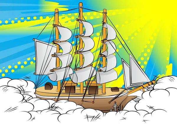 Sailboat Pirate Ship Stormy Sea Comic Book Style Cartoon Vector — Stock Vector