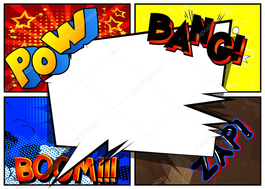 Vector pop-art style comic book page template background with explosions, speech bubble, halftone effects and rays.