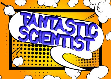 Fantastik Bilim Adamı Çizgi Roman tarzı karikatür kelimeleri. Soyut arkaplanda metin.
