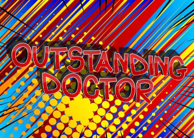 Soyut karikatür arka planında olağanüstü Doktor Çizgi Roman tarzı karikatür sözcükleri.