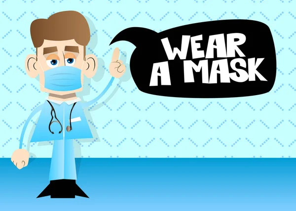 Médecin Bande Dessinée Portant Masque Demandant Porter Avec Texte Bulle — Image vectorielle