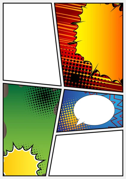 Stripboekpagina Met Kleurrijke Elementen Lege Ruimte Cartoon Ontwerp Gekleurde Achtergrond — Stockvector