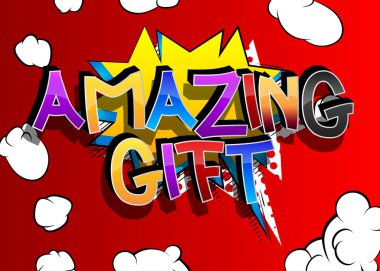 Soyut karikatür arka planında İnanılmaz Hediye Çizgi Roman tarzı karikatür sözcükleri.