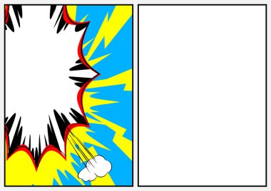 Çizgi roman sayfası illüstrasyonunda yarım sayfa renkli karikatür öğeleri. Çizgi film tasarımı renkli arka plan. Vektör çizgi romanı arkaplanı.