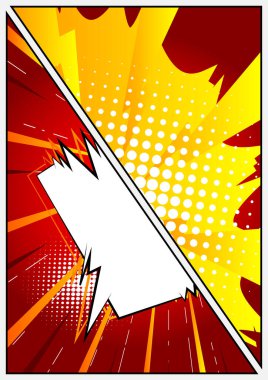 Renkli çizgi roman sayfası illüstrasyonunda yarım konuşma balonu. Çizgi film tasarımı renkli arka plan. Vektör çizgi romanı arkaplanı.