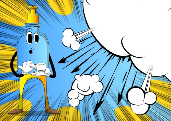 Cartoon Bottle Hand Sanitizer Gel Hygiene Face Holding Cup Coffee — Stock Vector