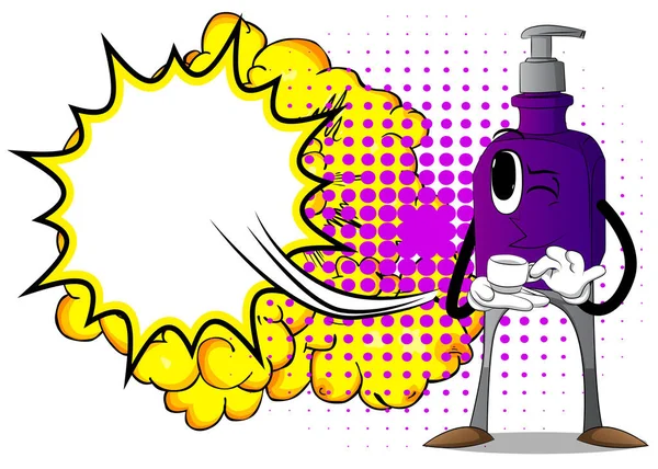 Botella Dibujos Animados Gel Desinfectante Para Higiene Con Cara Sosteniendo — Vector de stock