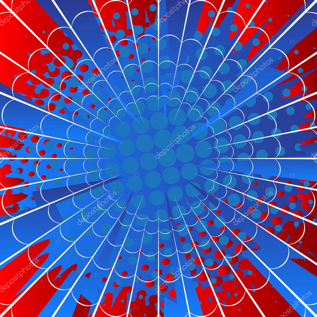 Red and blue spider web cartoon background. Colored comic book illustration, vector comics backdrop.