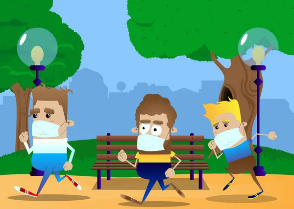 Retro Cartoon Mannen Rennen Het Stadspark Het Dragen Van Medische — Stockvector