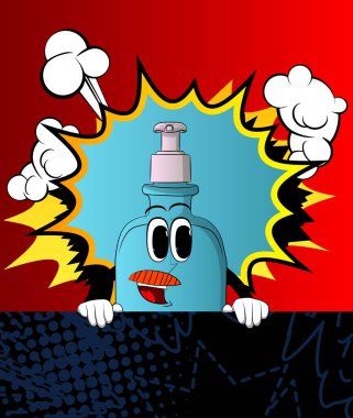 Hijyen için bir şişe karikatür el dezenfektanı. Yüzünde yazı için koyu bir pankart var. Vektör İllüstrasyonu.