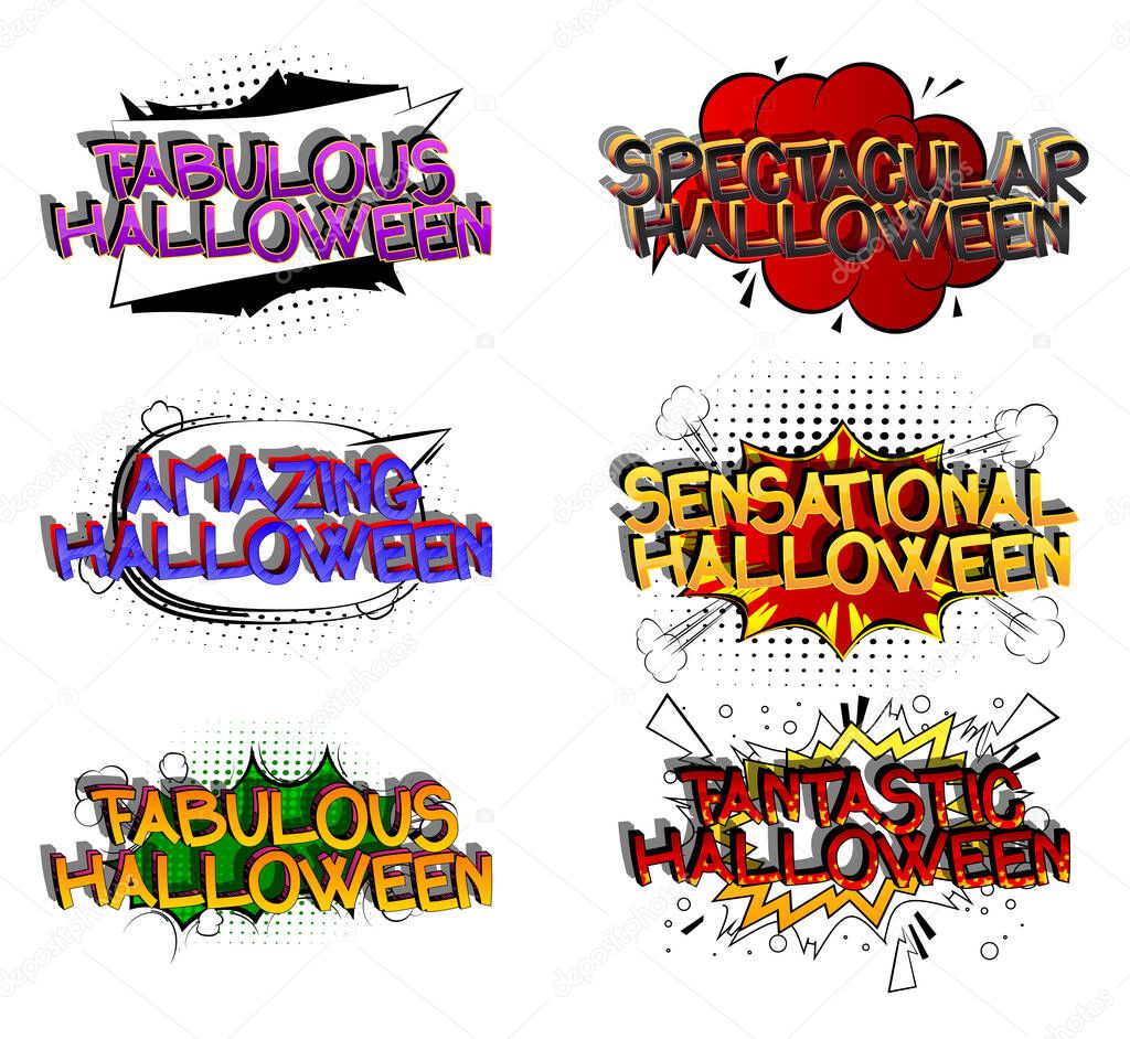 Halloween Comic book style cartoon words on abstract colorful comics background.
